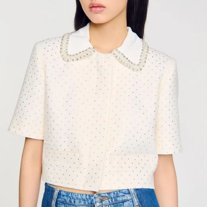 Women Jackets and Blazers SANDRO Shortsleeved Rhinestone Jacket Ecru