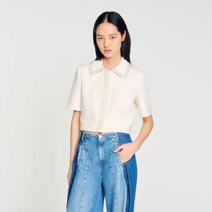 Women Jackets and Blazers SANDRO Shortsleeved Rhinestone Jacket Ecru