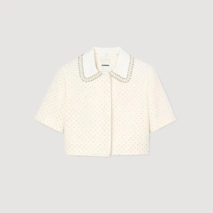 Women Jackets and Blazers SANDRO Shortsleeved Rhinestone Jacket Ecru