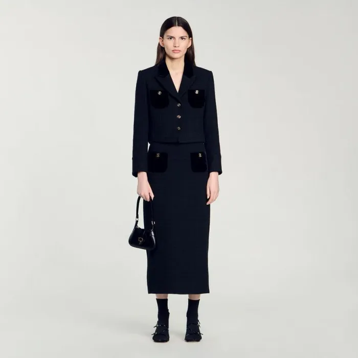 Women Jackets and Blazers SANDRO Velvet Tweed Cropped Jacket Black