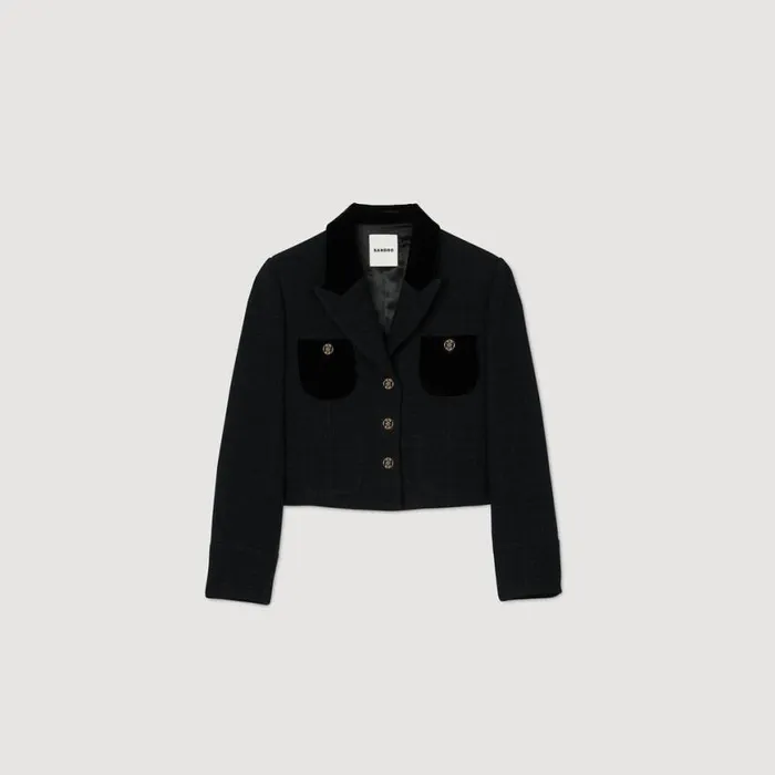 Women Jackets and Blazers SANDRO Velvet Tweed Cropped Jacket Black