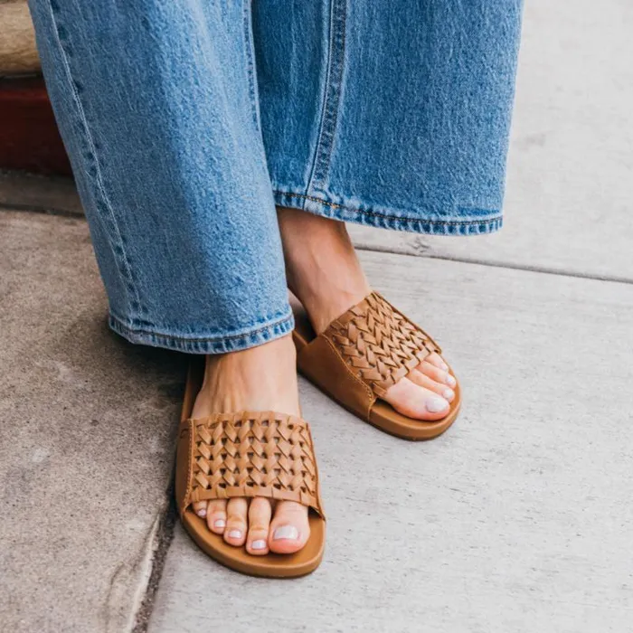 Women Kmola Womens Woven Slide Sandals Tan Olukai Leather Women Kmola Womens Woven Slide Sandals Tan Olukai Leather