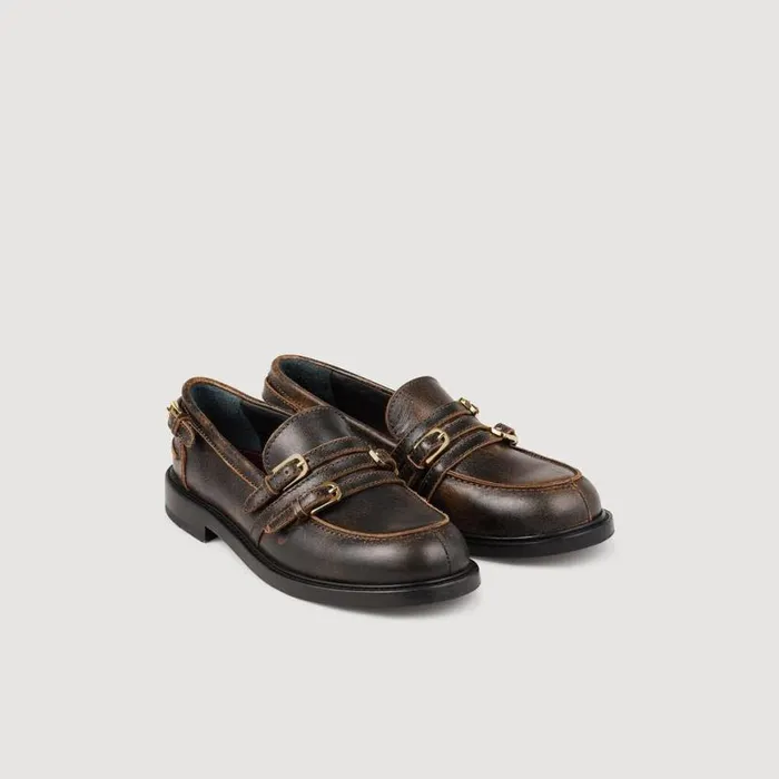 Women Loafers and Flats SANDRO Distressed Leather Loafers Brown