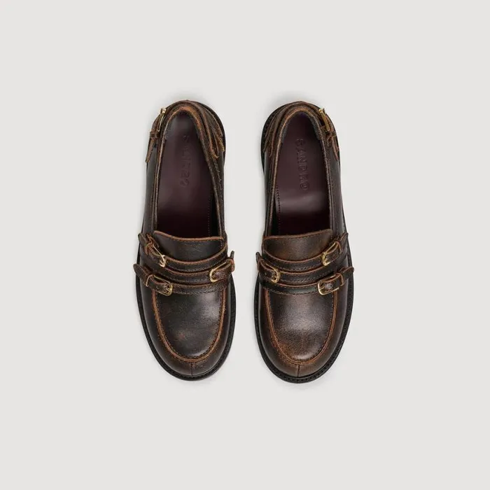 Women Loafers and Flats SANDRO Distressed Leather Loafers Brown