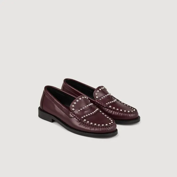 Women Loafers and Flats SANDRO Rhinestone Studded Leather Loafers Burgundy