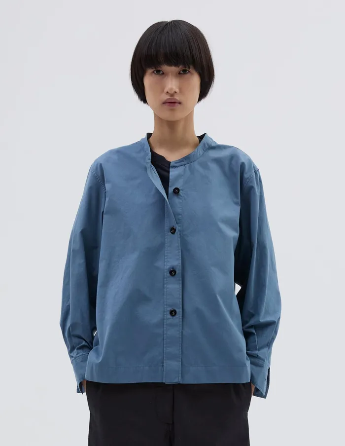 Women Mhl Button Through Collarless Shirt Uniform Blue Margaret Howell Shirts