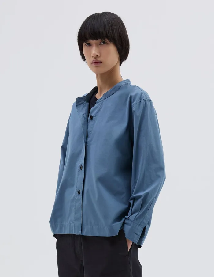 Women Mhl Button Through Collarless Shirt Uniform Blue Margaret Howell Shirts