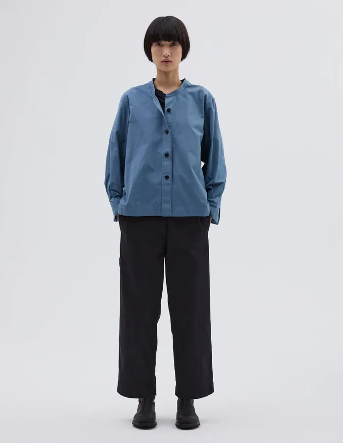 Women Mhl Button Through Collarless Shirt Uniform Blue Margaret Howell Shirts