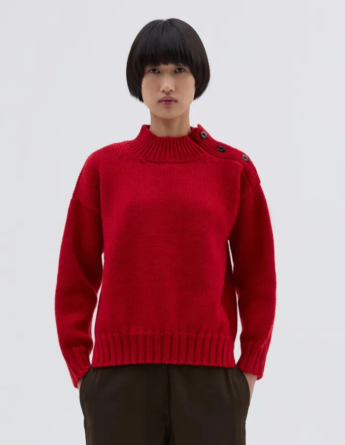 Women Mhl Chunky Button Neck Sweater Sports Red Margaret Howell Knitwear
