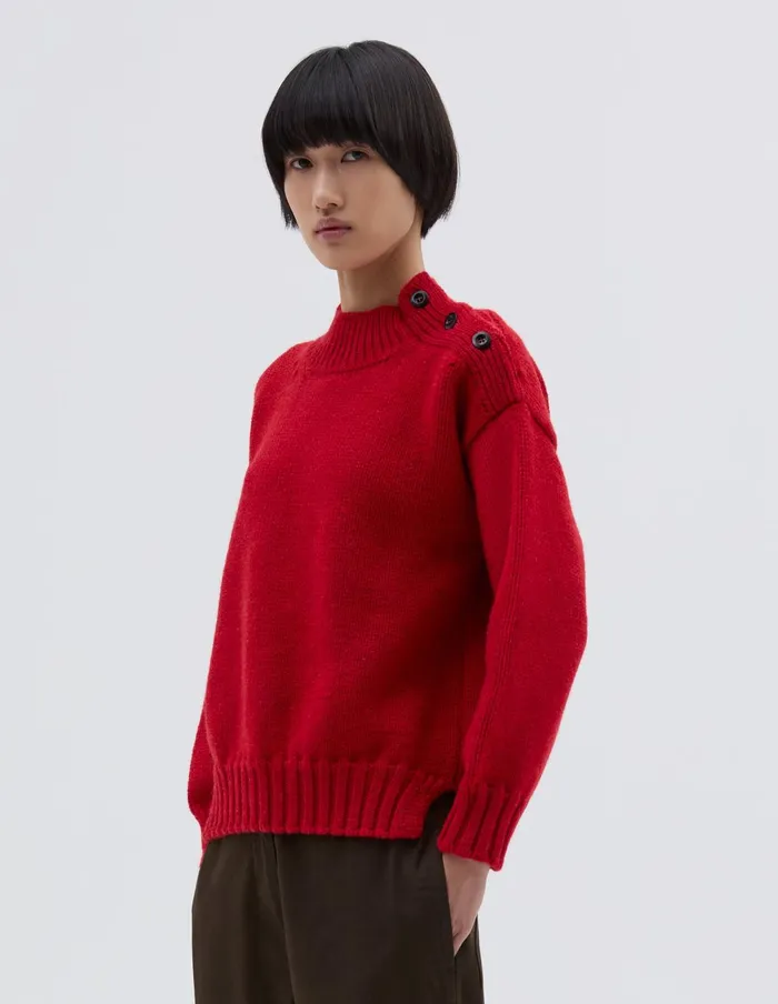 Women Mhl Chunky Button Neck Sweater Sports Red Margaret Howell Knitwear