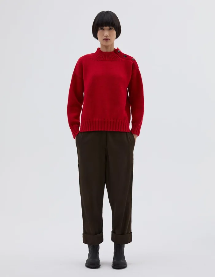 Women Mhl Chunky Button Neck Sweater Sports Red Margaret Howell Knitwear
