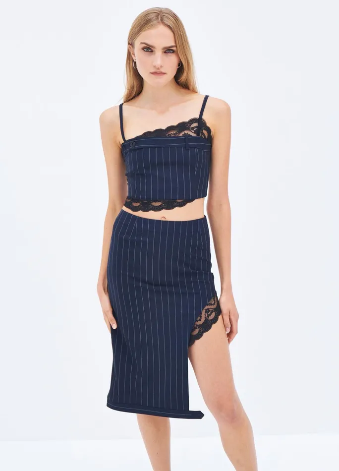 Women Pinstripe Lace Trim Slit Skirt MONSE Bottoms