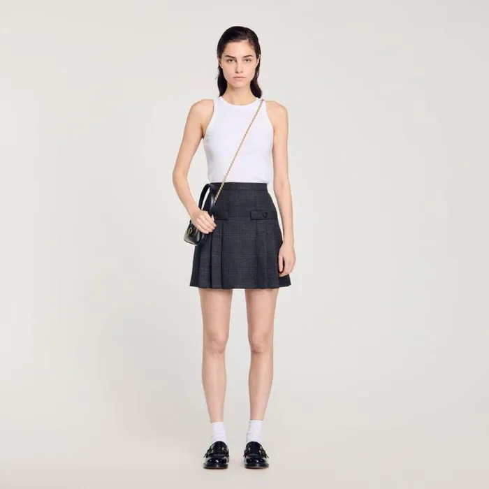 Women Skirts SANDRO Short Checked Pleated Skirt Dark Grey