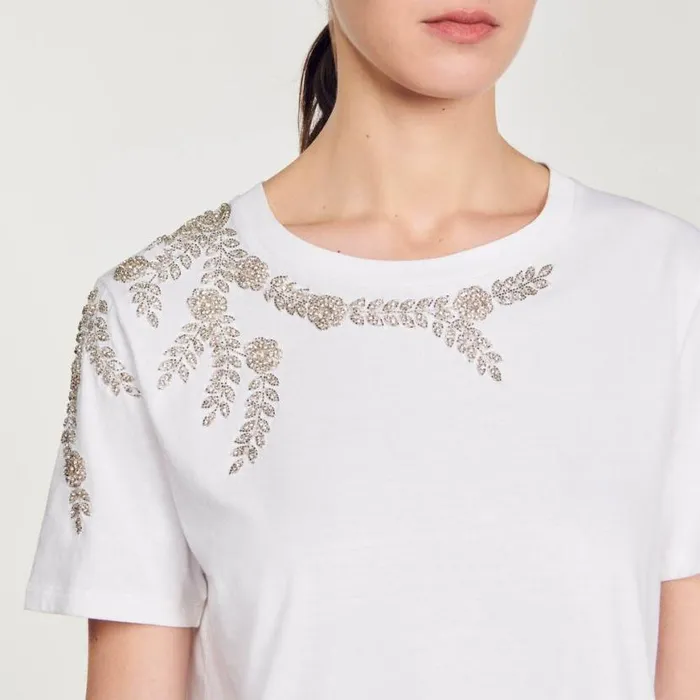Women Tshirts SANDRO Rhinestoneembellished Tshirt White