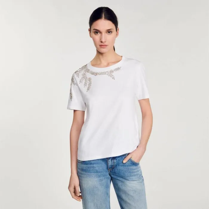 Women Tshirts SANDRO Rhinestoneembellished Tshirt White