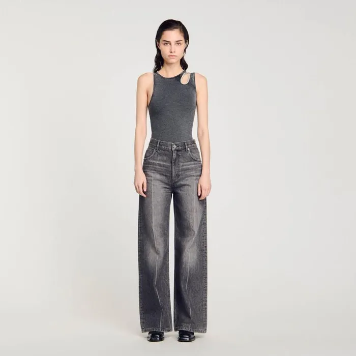 Women Tops and Shirts SANDRO Rhinestone Oneshoulder Bodysuit Grey
