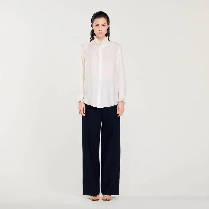 Women Tops and Shirts SANDRO Silk Shirt With Gathered Collar Ecru Women Tops and Shirts SANDRO Silk Shirt With Gathered Collar Ecru