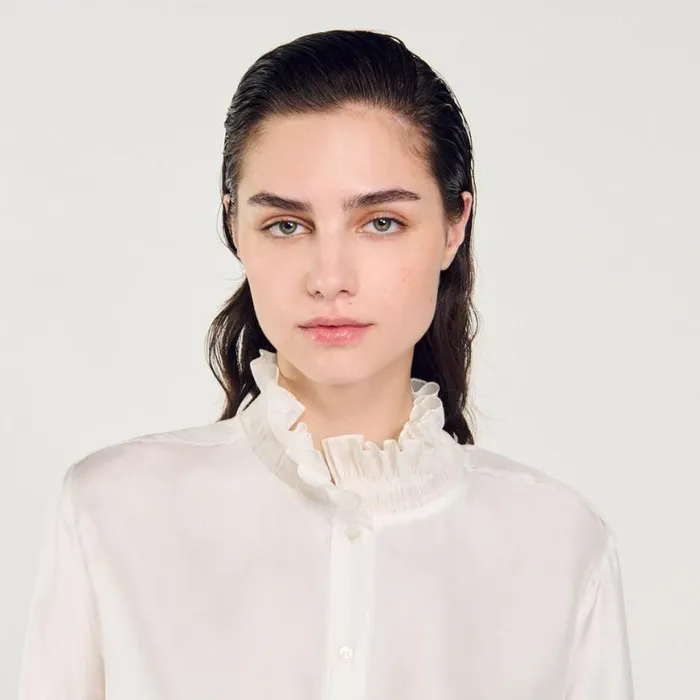 Women Tops and Shirts SANDRO Silk Shirt With Gathered Collar Ecru Women Tops and Shirts SANDRO Silk Shirt With Gathered Collar Ecru