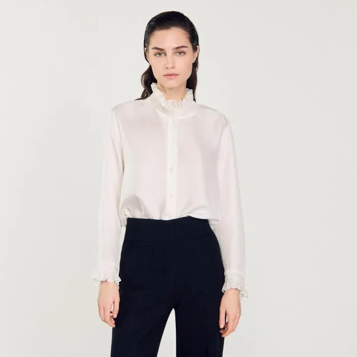 Women Tops and Shirts SANDRO Silk Shirt With Gathered Collar Ecru Women Tops and Shirts SANDRO Silk Shirt With Gathered Collar Ecru
