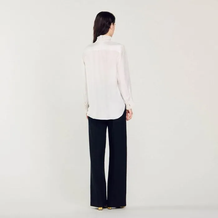 Women Tops and Shirts SANDRO Silk Shirt With Gathered Collar Ecru Women Tops and Shirts SANDRO Silk Shirt With Gathered Collar Ecru