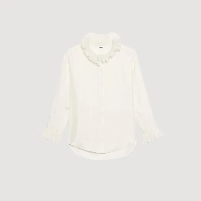 Women Tops and Shirts SANDRO Silk Shirt With Gathered Collar Ecru Women Tops and Shirts SANDRO Silk Shirt With Gathered Collar Ecru