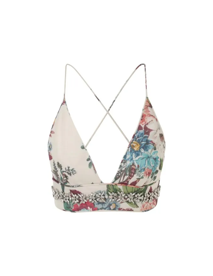 Women Tops Zimmermann Matchmaker Embellished Bra Ivory Barkcloth Print