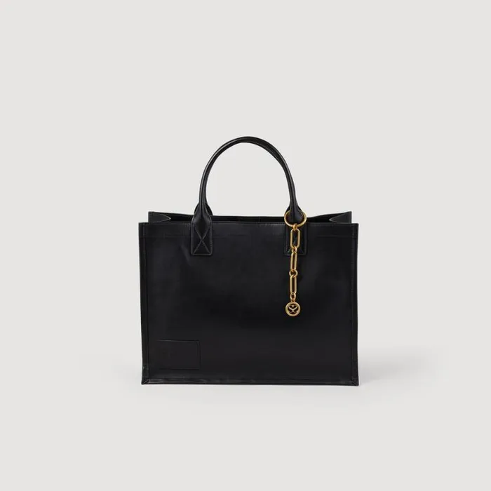 Women Tote Bags SANDRO Leather Tote Bag With Chain Jewelry Black