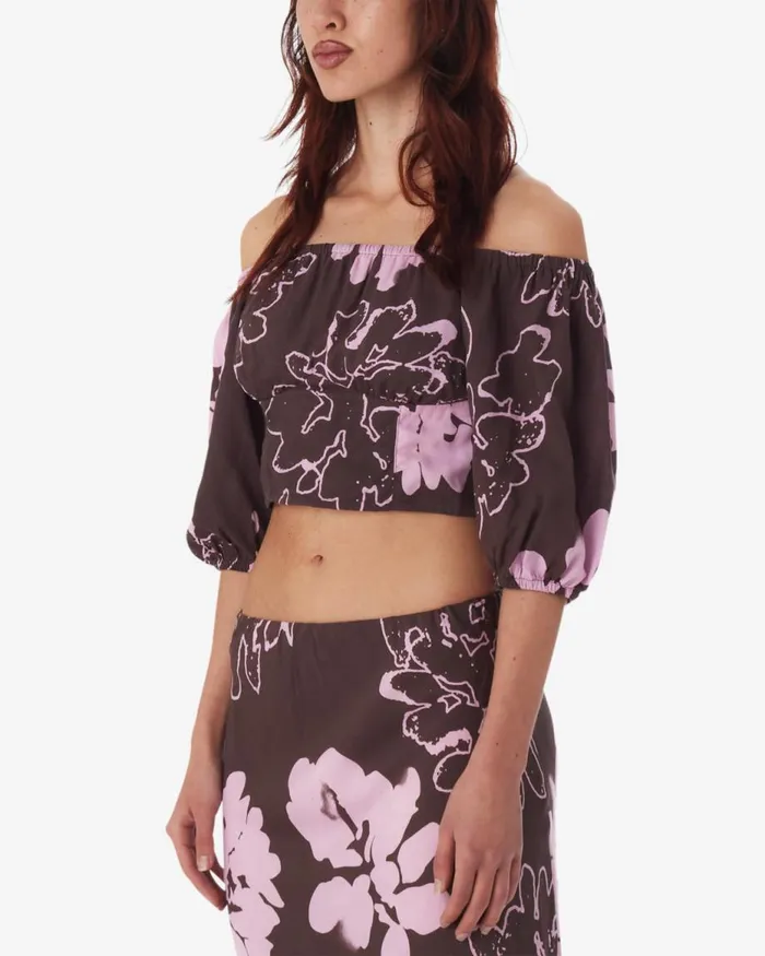 Women ZINNIA COLD SHOULDER TOP Java Brown Multi OBEY Clothing TOPS