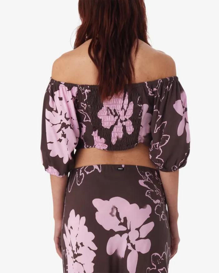 Women ZINNIA COLD SHOULDER TOP Java Brown Multi OBEY Clothing TOPS