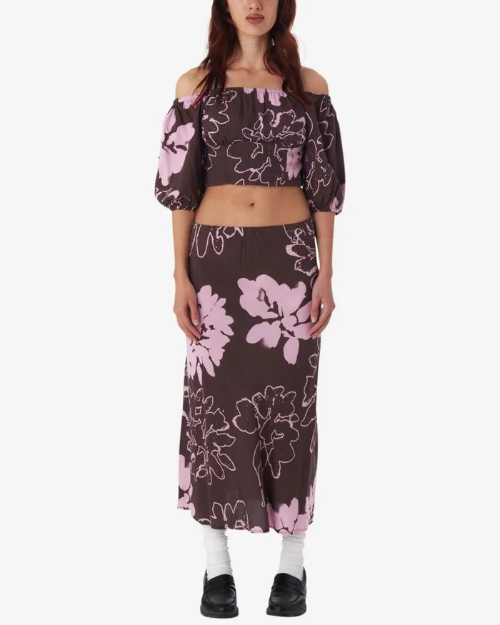 Women ZINNIA COLD SHOULDER TOP Java Brown Multi OBEY Clothing TOPS
