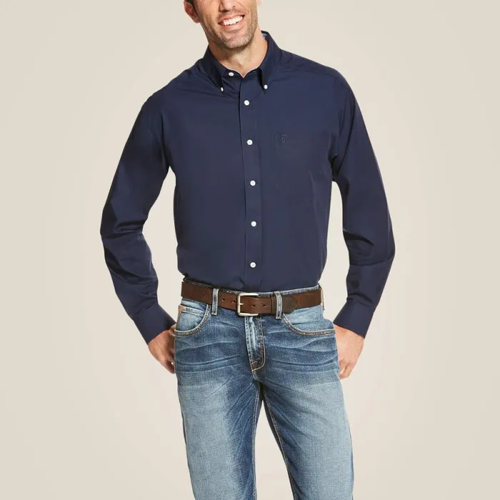 Wrinkle Free Solid Shirt Navy Blue Men Ariat Button Down Shirts