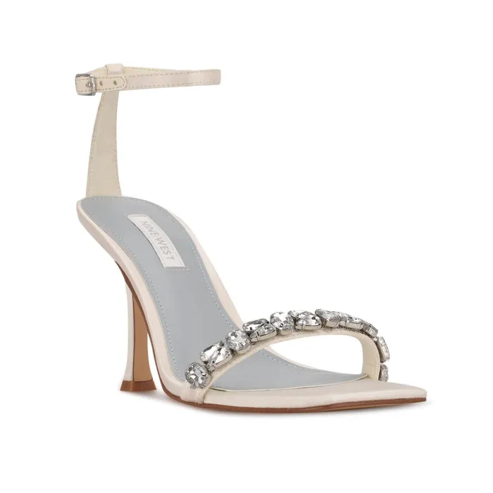 Yazmin Ankle Strap Dress Sandals White Satin Women Nine West Heeled Yazmin Ankle Strap Dress Sandals White Satin Women Nine West Heeled