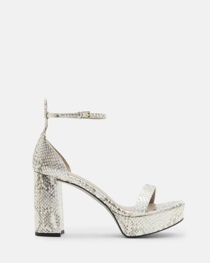 Zig Snake Leather Platform Heel Sandal Metallic Gold Women AllSaints Shoes and Boots