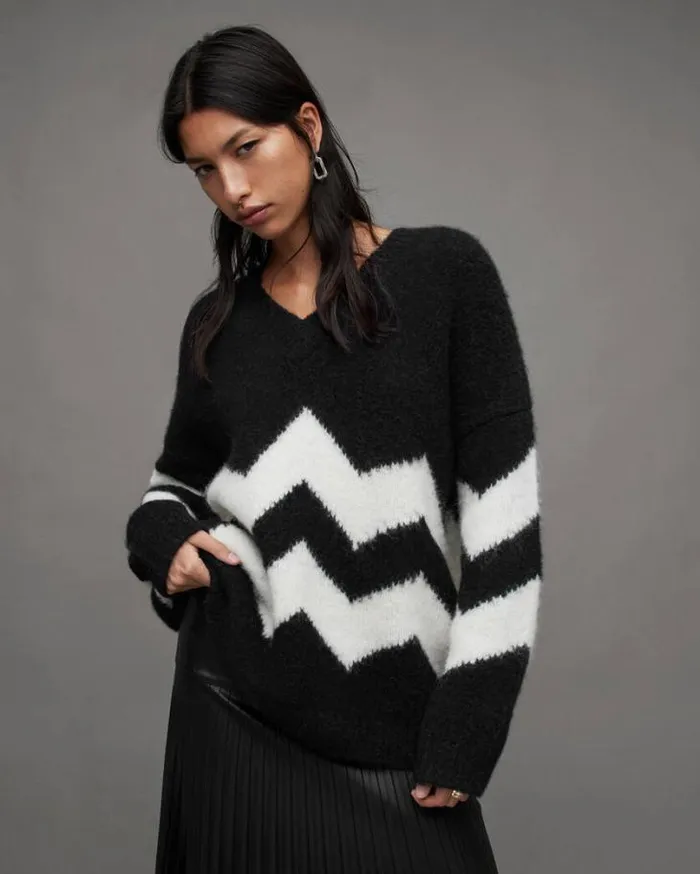 Ziggi Zig Zag Striped VNeck Sweater Blackchalk White Women AllSaints Sweaters