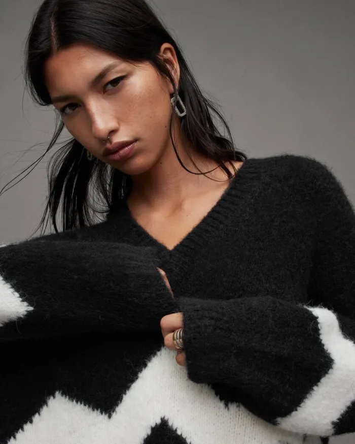 Ziggi Zig Zag Striped VNeck Sweater Blackchalk White Women AllSaints Sweaters Ziggi Zig Zag Striped VNeck Sweater Blackchalk White Women AllSaints Sweaters
