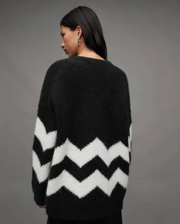 Ziggi Zig Zag Striped VNeck Sweater Blackchalk White Women AllSaints Sweaters Ziggi Zig Zag Striped VNeck Sweater Blackchalk White Women AllSaints Sweaters